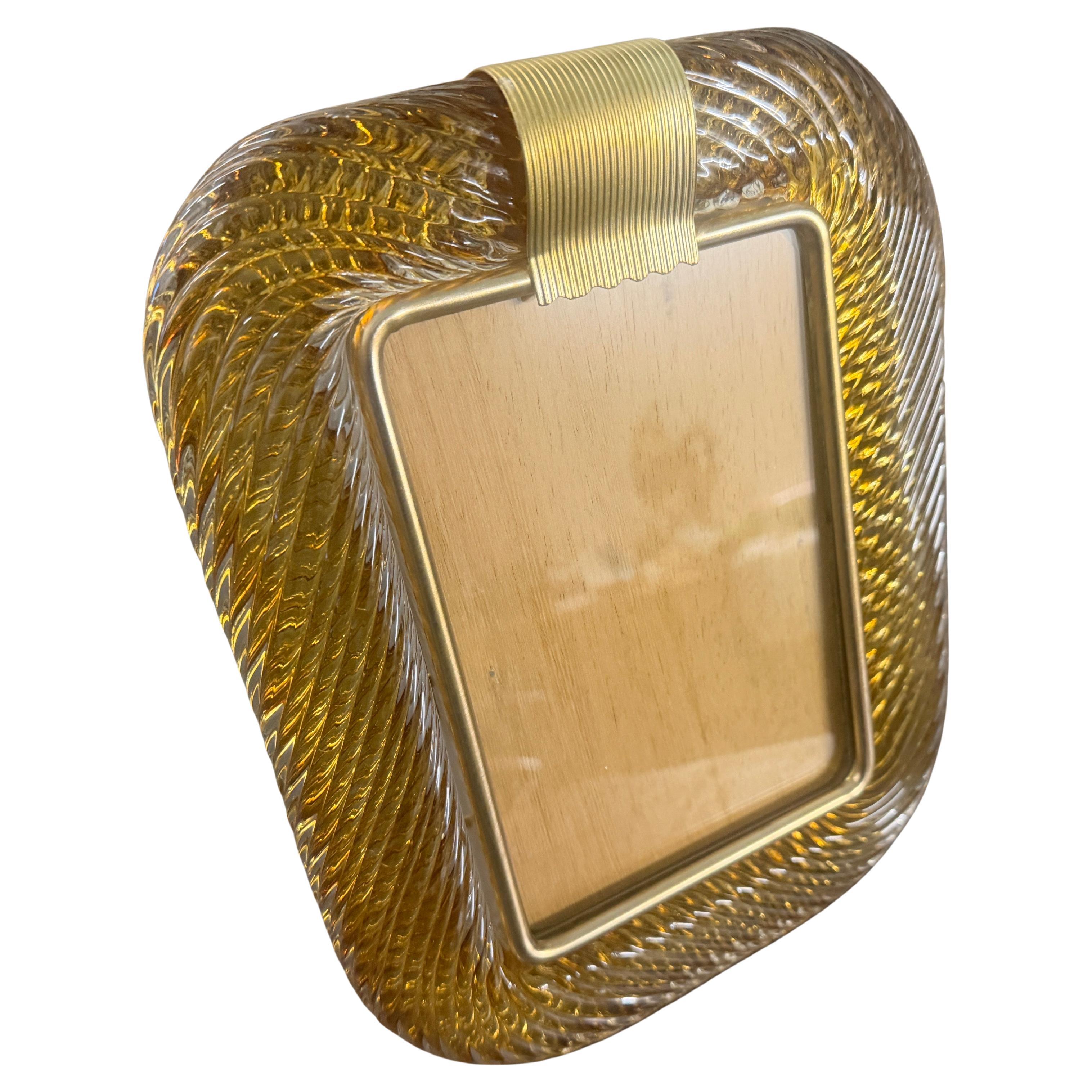 1990s Barovier Style Art Deco Amber Murano Glass and Brass Picture Frame