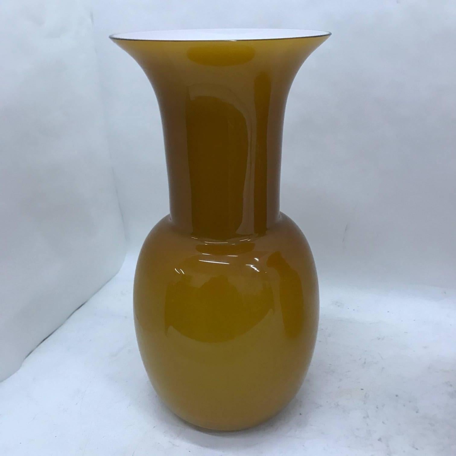 Pair of Murano glass vases signed by Aureliano Toso, made in 2001, brown color and white inside, good conditions overall.