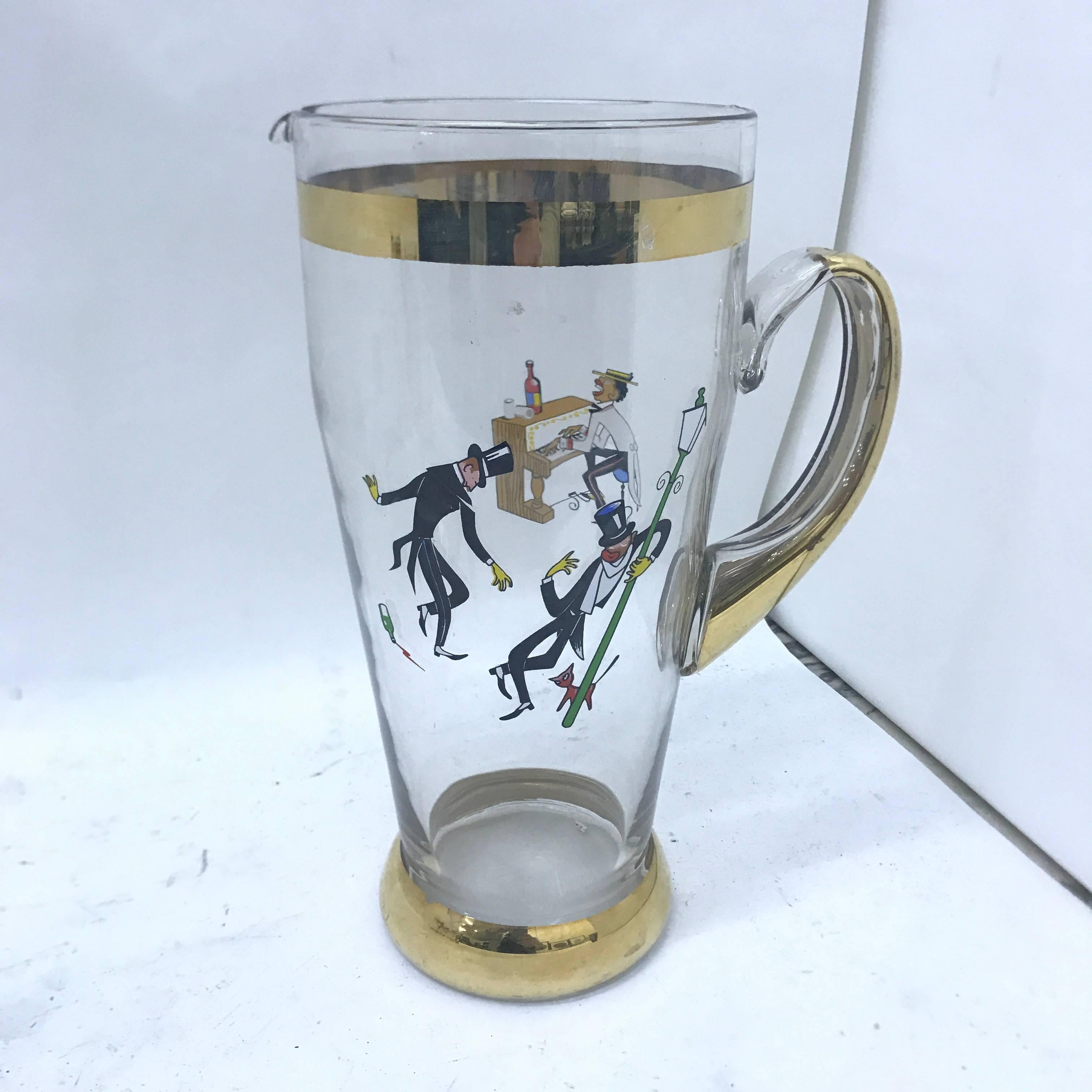 Amazing jazz cocktail set, made in Italy in the 1950s, all the glasses have different musicians. Glass height cm 14.