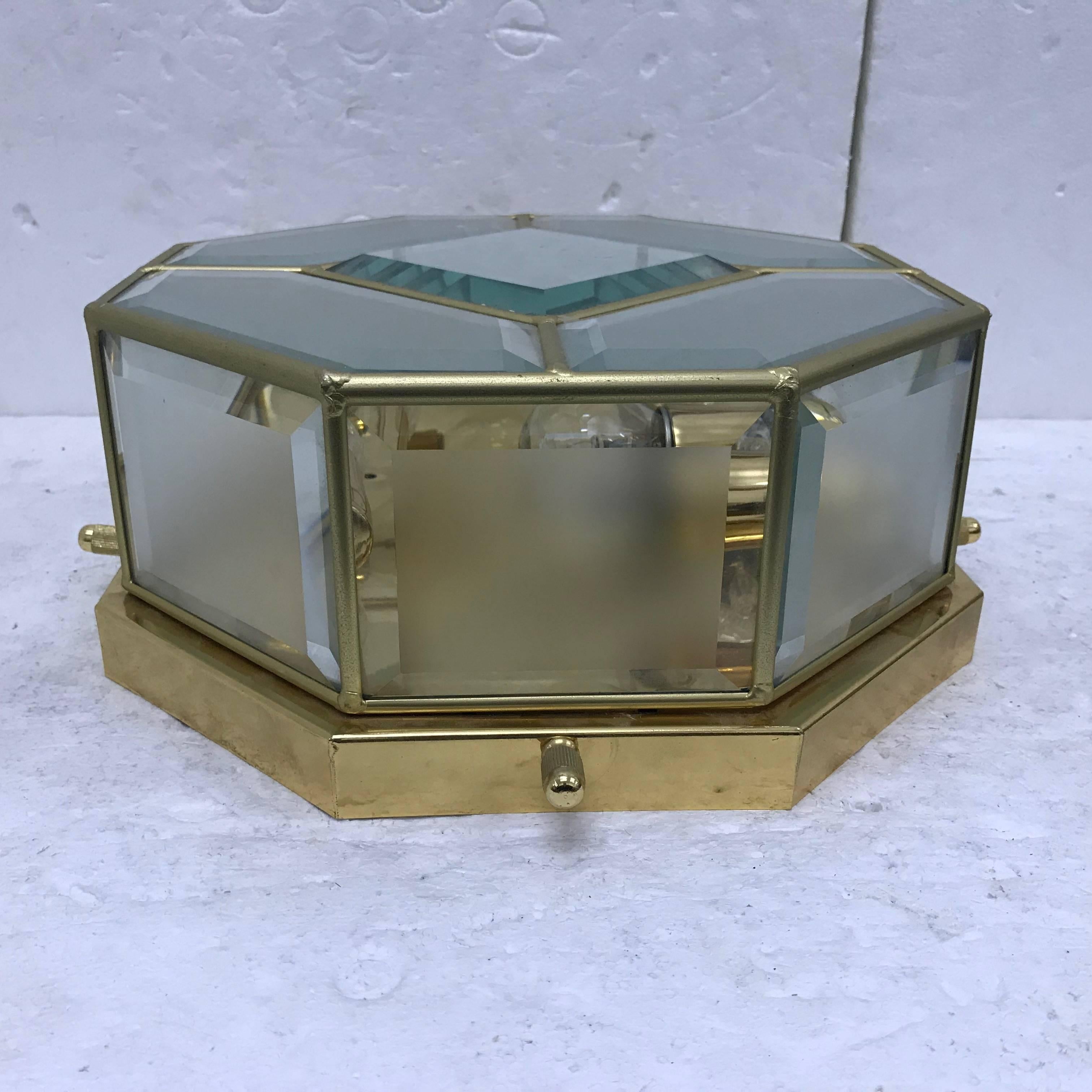 Amazing octagonal four lights ceiling with cut and frosted glass, made in Italy, circa 1960.