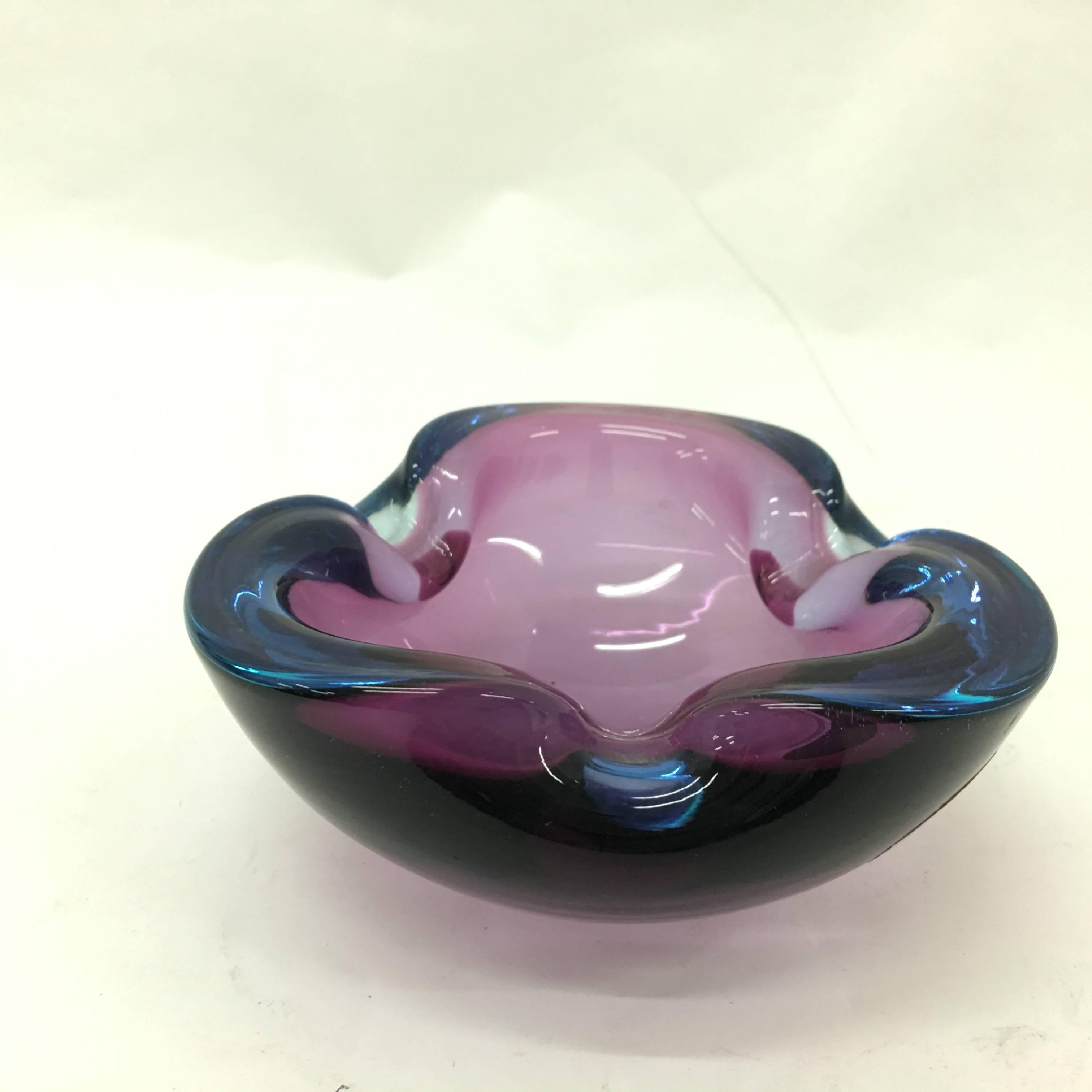 Hand-Crafted Vintage Italian Blue and Purple Murano Glass  Ashtray, circa 1970