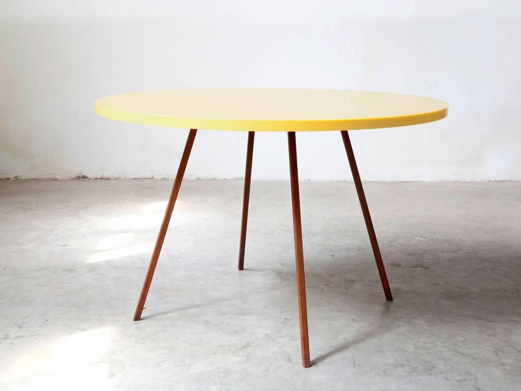 A round table in colored polyethylene top and lacquered stainless steel legs.

Founded in 2011, Muller Van Severen is the moniker of Belgian husband-and-wife team Hannes Van Severen and Fien Muller. Van Severen is a sculptor, and was born in 1979