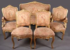 French Louis XIV Style Original Tapestry Gold Gilt Parlor Set, Late 19th Century