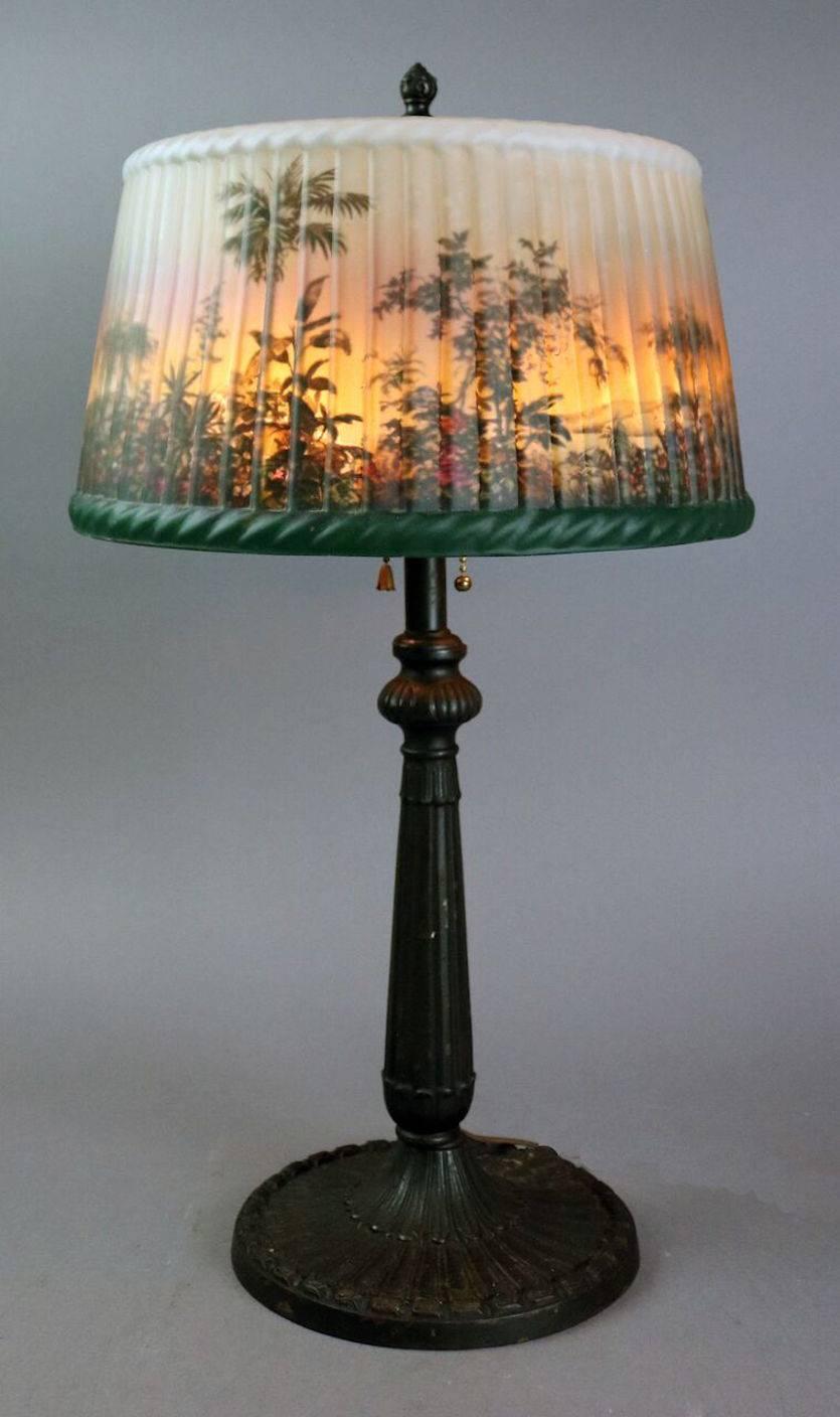 American Pittsburgh Lamp Reverse Painted with Jungle Scene on Pleated Glass Shade