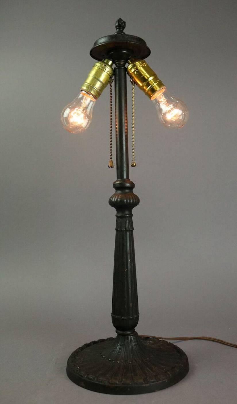 20th Century Pittsburgh Lamp Reverse Painted with Jungle Scene on Pleated Glass Shade