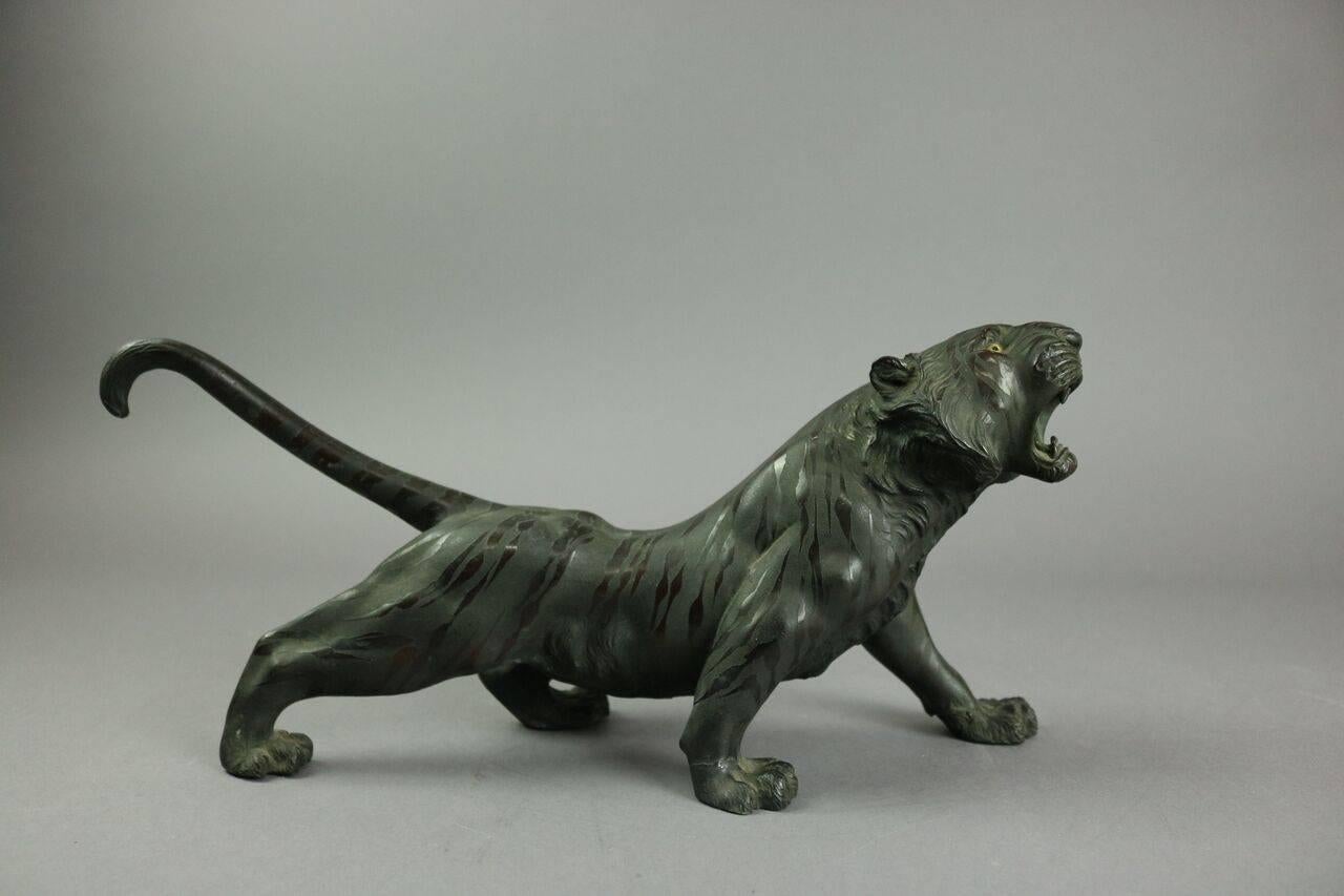 19th Century, Japanese Meiji Bronze Model of a Tiger with Glass Eyes In Good Condition In Big Flats, NY