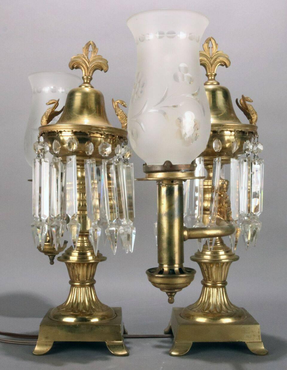 American Pair of Bronze and Crystal Electrified Astral Dragon Lamps, circa 1840