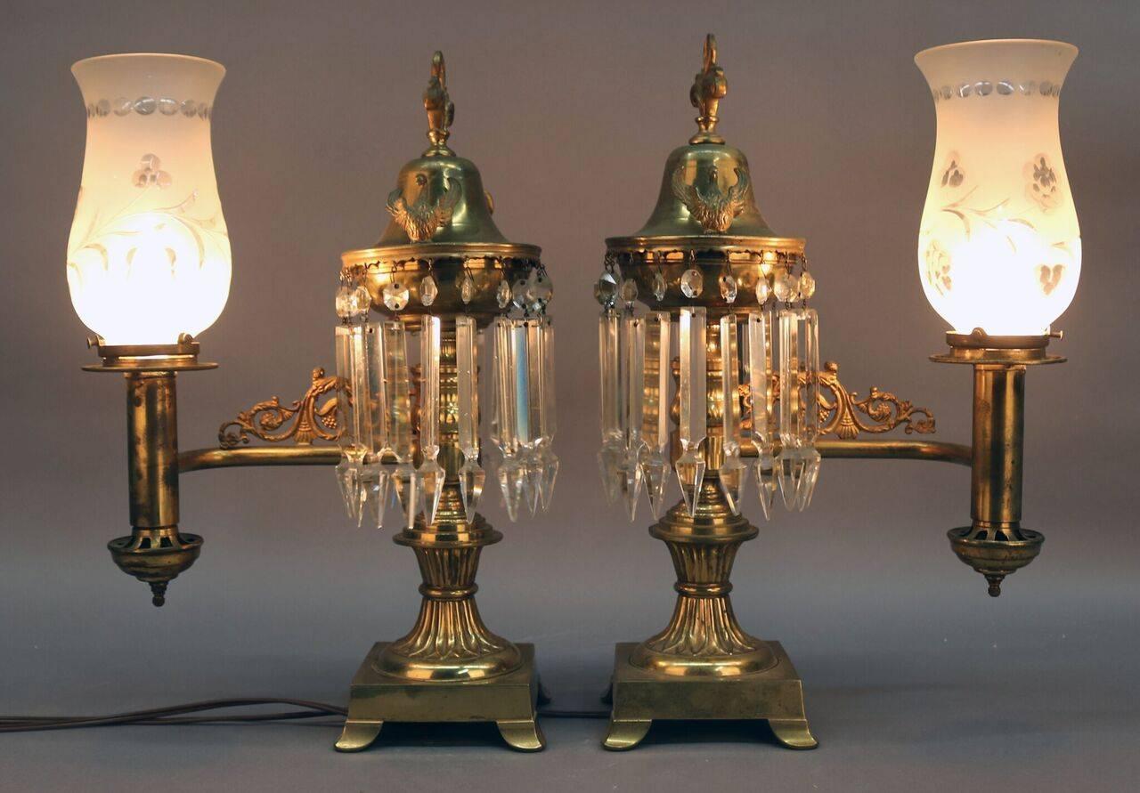 19th Century Pair of Bronze and Crystal Electrified Astral Dragon Lamps, circa 1840