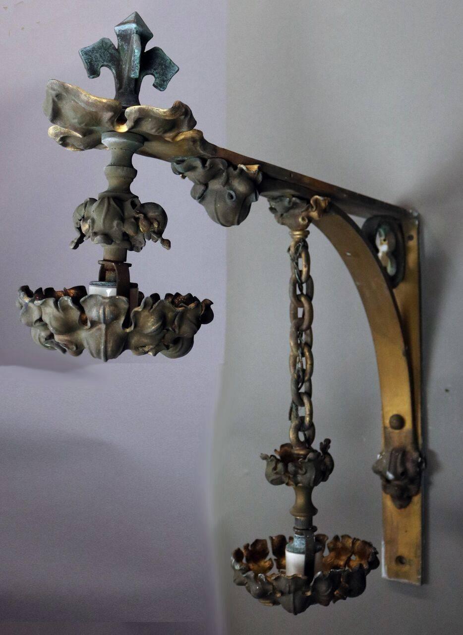 Pair Oversized Antique Bronze Gothic Style Bracket Wall Lamps, circa 1900 In Good Condition In Big Flats, NY
