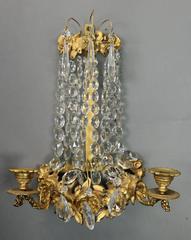 Pr Antique French Louis XIV Style Gilt Bronze & Crystal Candelabra Sconces 19thC