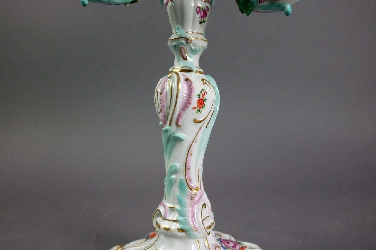 Antique Pair of Meissen Porcelain Hand-Painted Three-Arm Candelabra, circa 1870 In Good Condition In Big Flats, NY