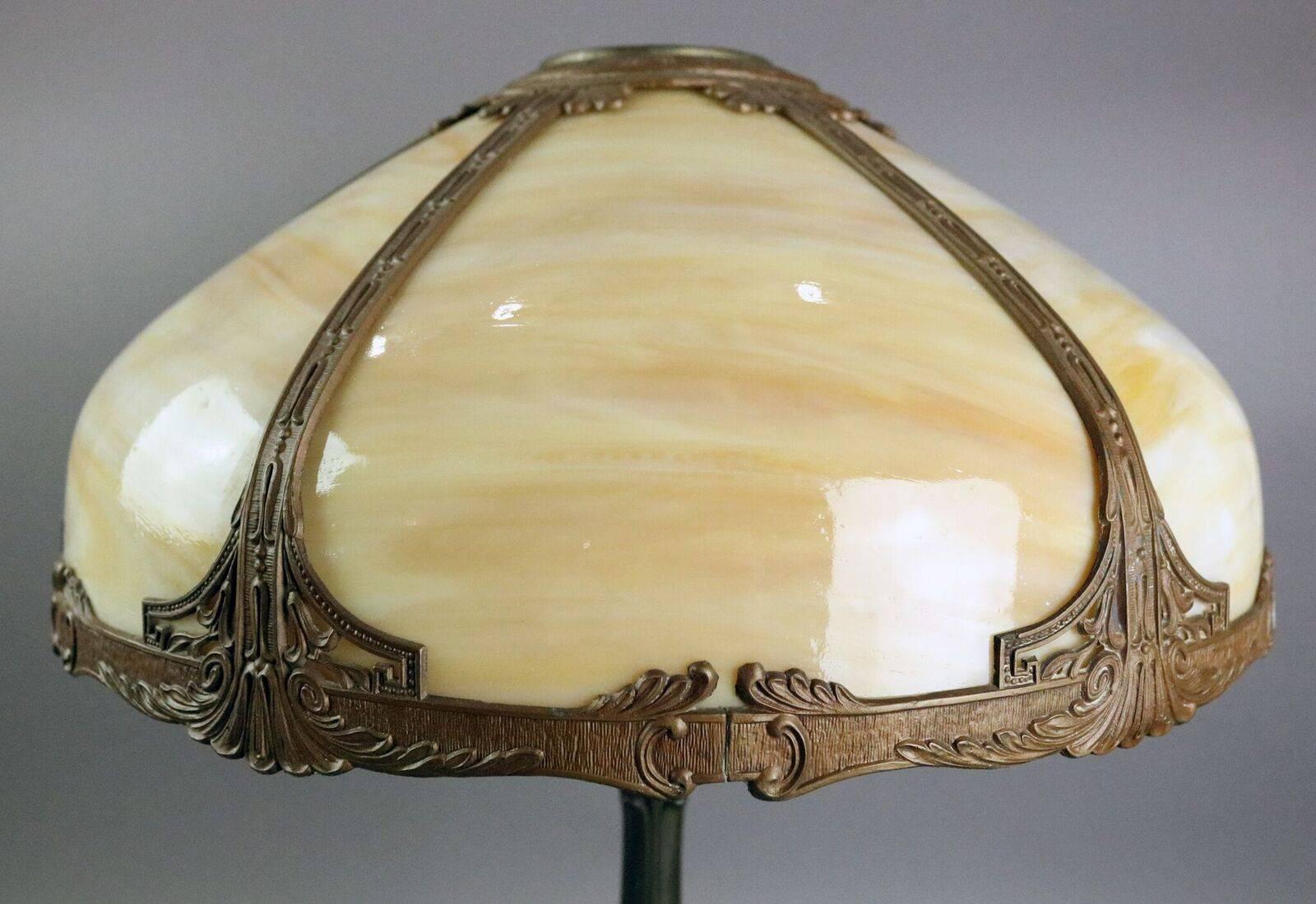 American Antique Miller Style Arts & Crafts Slag Glass Lamp on Bronze Finish Base