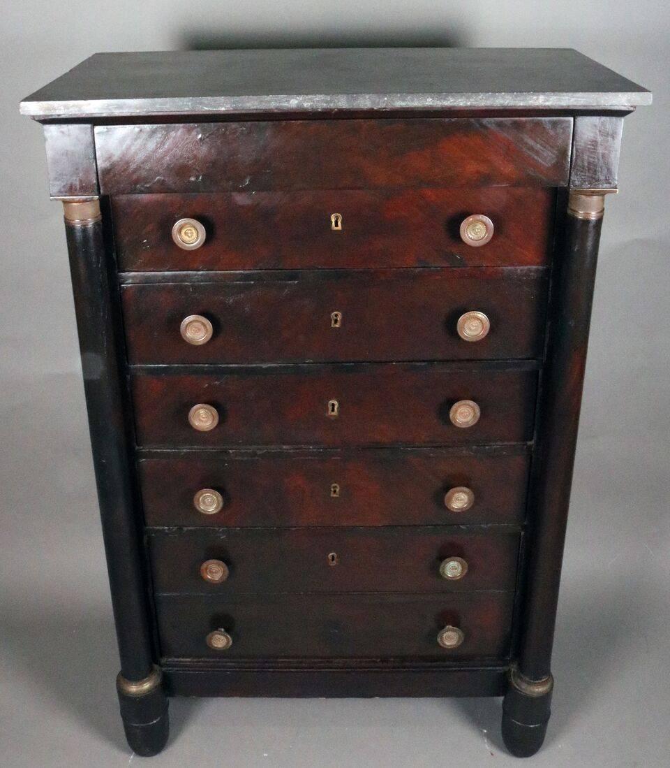 Bronze Antique French Empire Mahogany 7-Drawer Marble-Top Tall Chest, 19th C