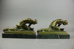 Pair of Bronze Figural Bookends Representing Industry with Marble Base