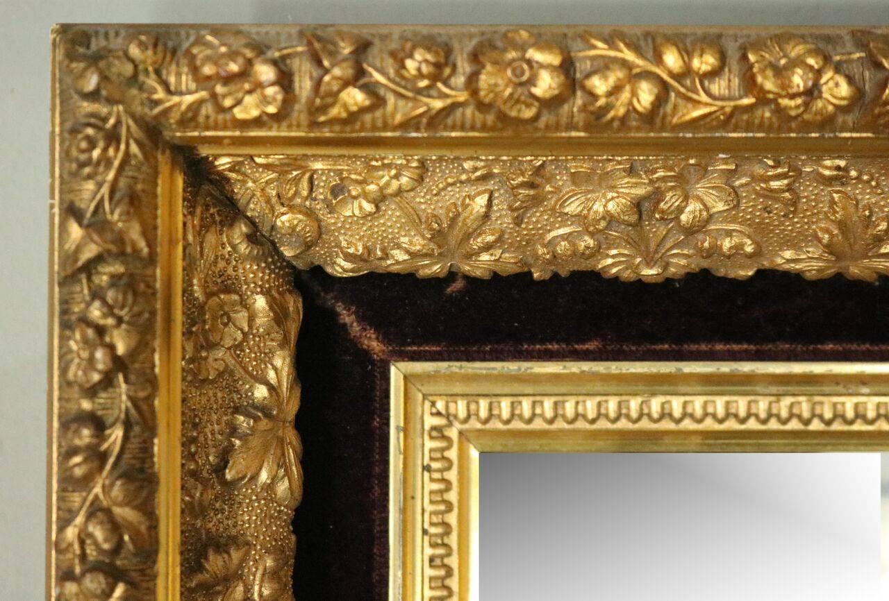 Antique First Finish Gold Gilt and Velvet Framed Wall Mirror, Dated 1888 In Good Condition In Big Flats, NY
