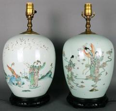 Antique Pair of Chinese Hand-Painted Enamel Porcelain Lamps, circa 1920