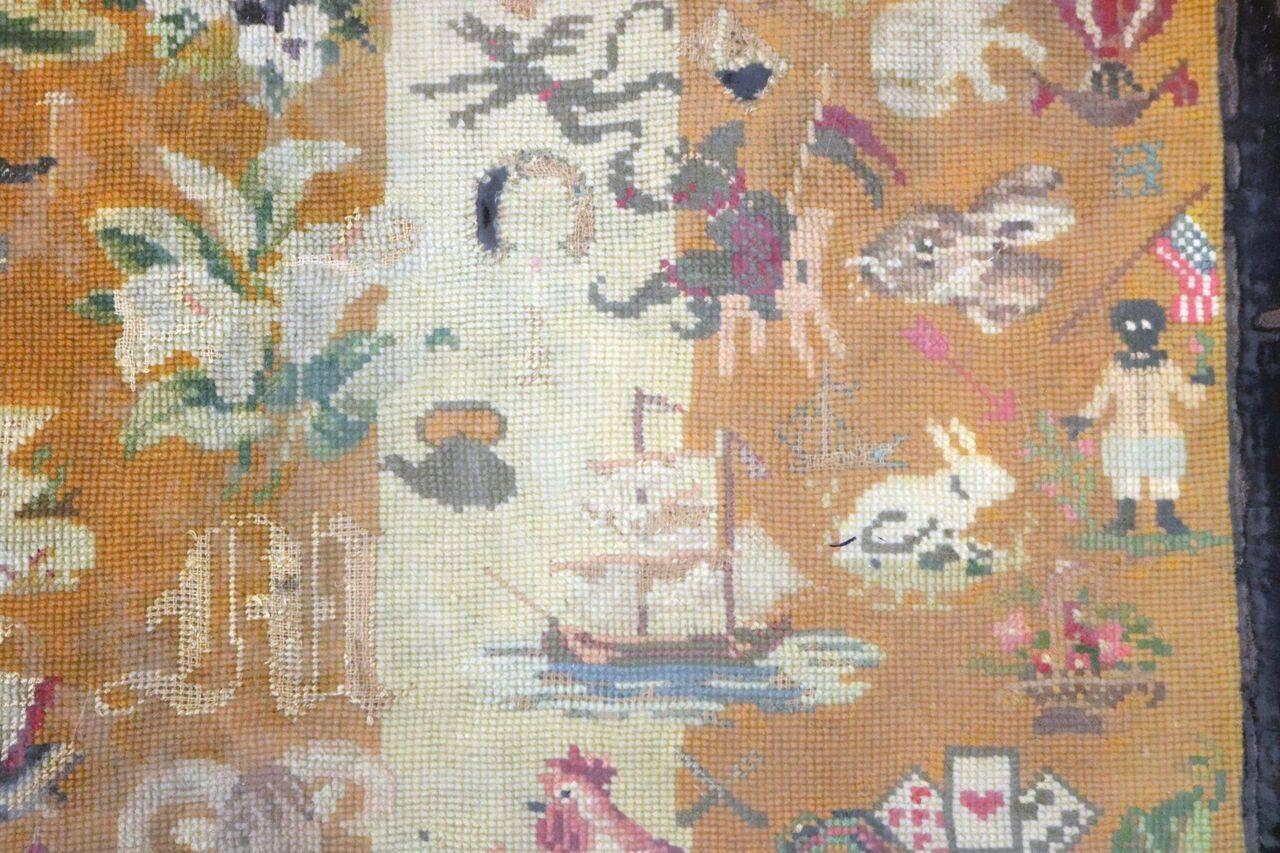 Fabric Antique Folk Art Needlepoint with Americana Patriotic Theme, Dated 1881