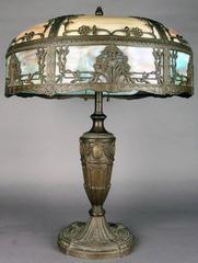 Antique Art Nouveau Filigree Eight-Panel Two-Toned Slag Glass Lamp, circa 1910