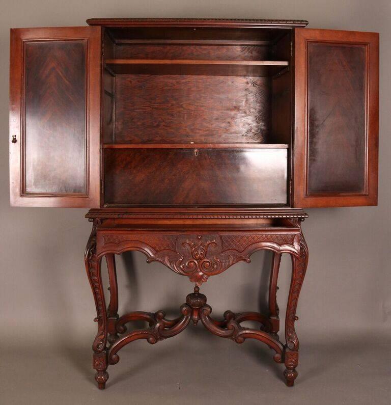 Art Nouveau Antique French Louis XIV Style Carved Walnut Cupboard with Secretary, circa 1920