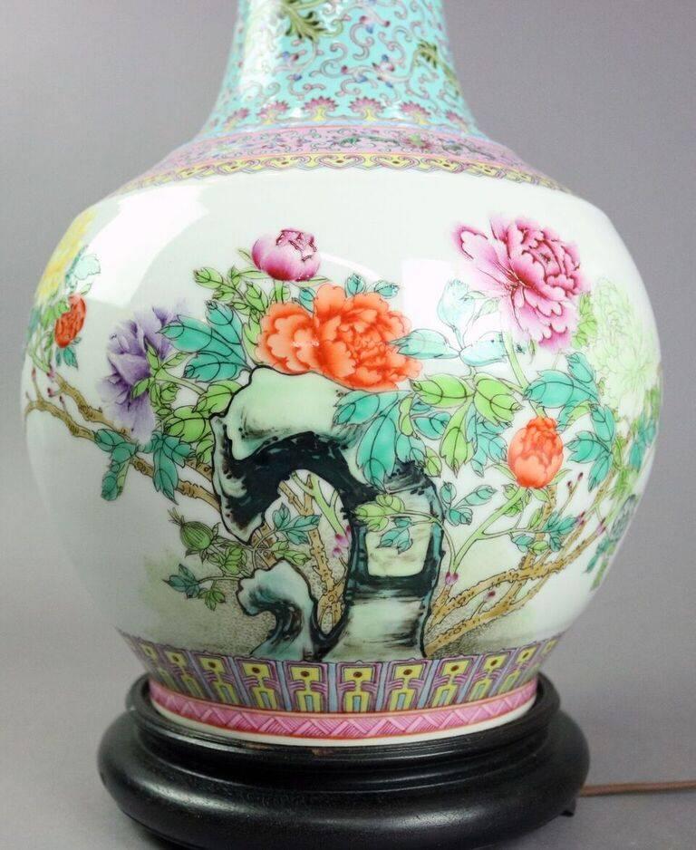 Carved Antique Chinese Famille Verte Floral Qianlong Porcelain Lamp with Chop Marks