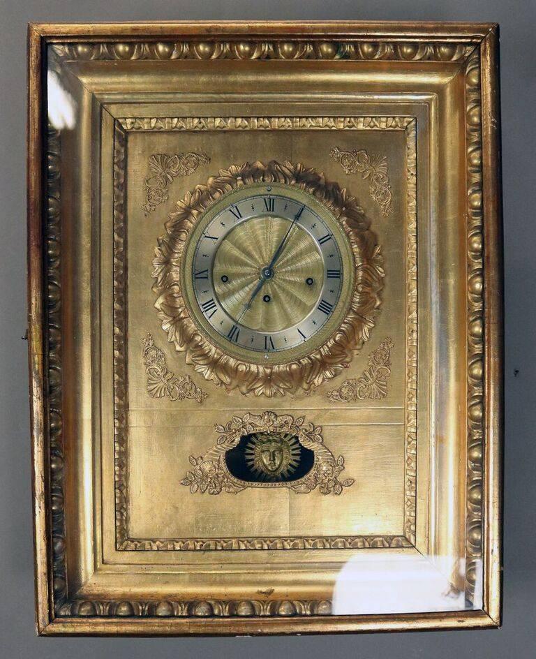 Austrian Antique Viennese Gold Giltwood Picture Frame Sonnerie Wall Clock, circa 1840