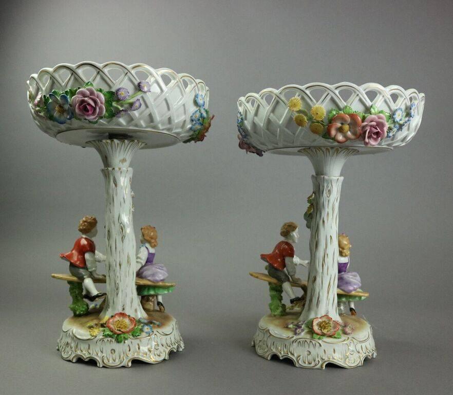 19th Century Antique Pr German Schierholz Porcelain Hand Painted Figural Compotes