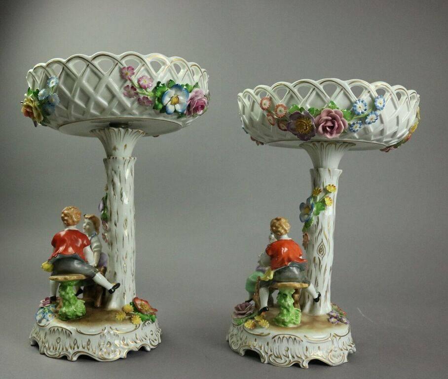 Antique Pr German Schierholz Porcelain Hand Painted Figural Compotes In Good Condition In Big Flats, NY