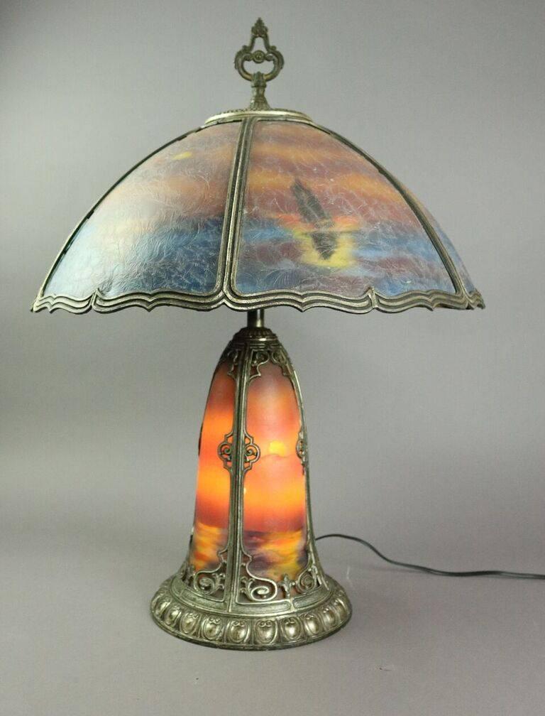 American Antique Reverse Painted Pittsburgh Style Bronze Table Lamp, Seascape, circa 1920