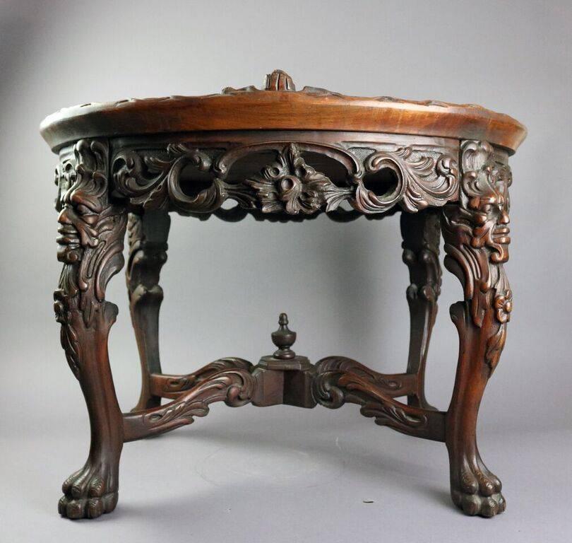 European Antique Carved and Inlaid Figural Tea Table with Lion, Cherubs, Paw Feet