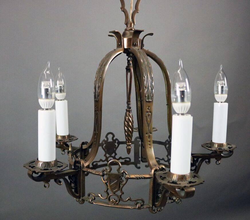 American Antique Arts & Crafts Moe Bridges Five-Light Chandelier W/Shield, circa 1920