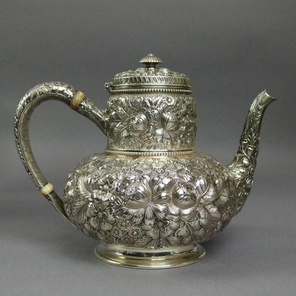 American Rare Seven-Piece Antique Gorham Repousse Sterling Silver Coffee and Tea Service