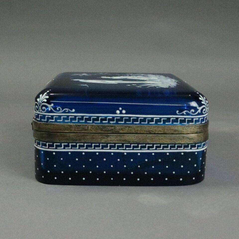 Antique Japanesque Aesthetic Enameled Blue Glass Bronze Handkerchief Box, c1870 1