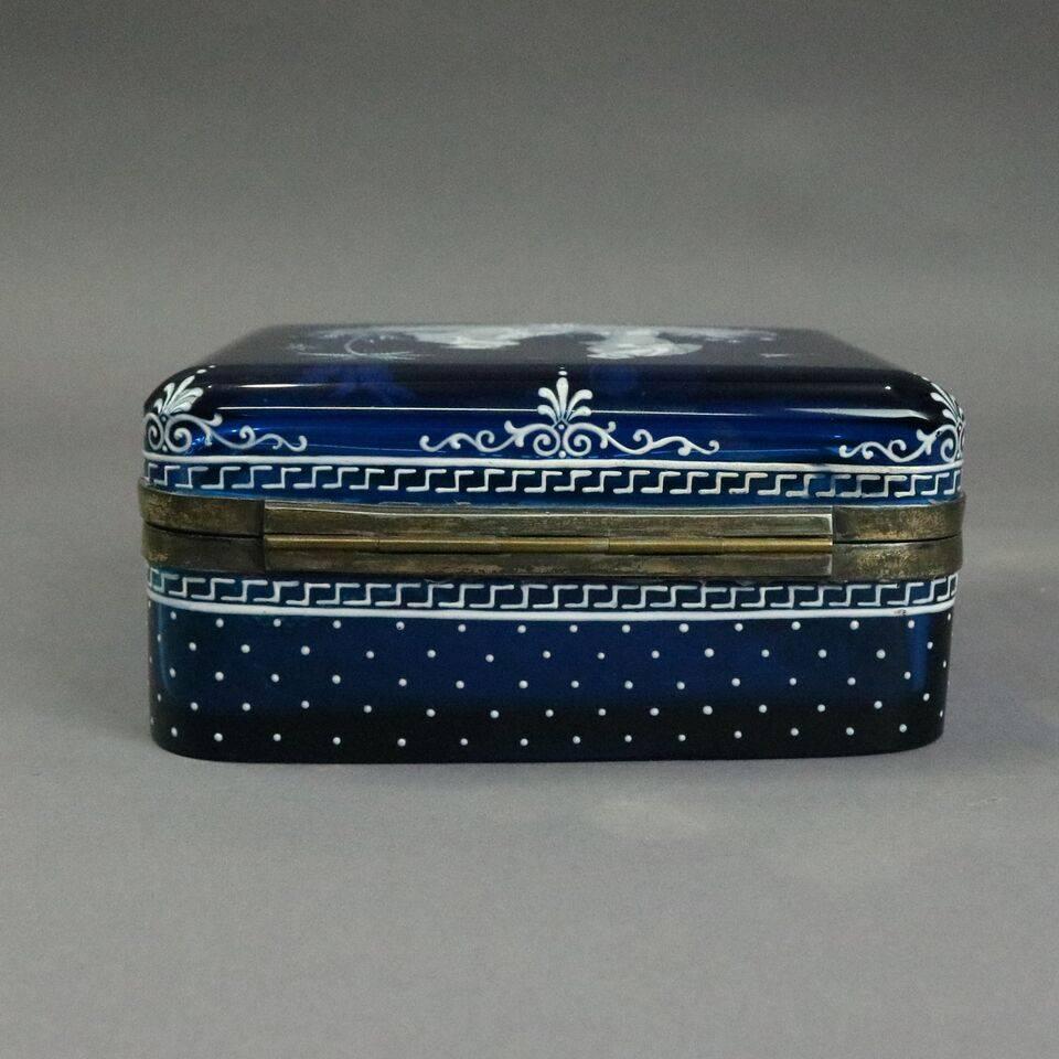 Antique Japanesque Aesthetic Enameled Blue Glass Bronze Handkerchief Box, c1870 2