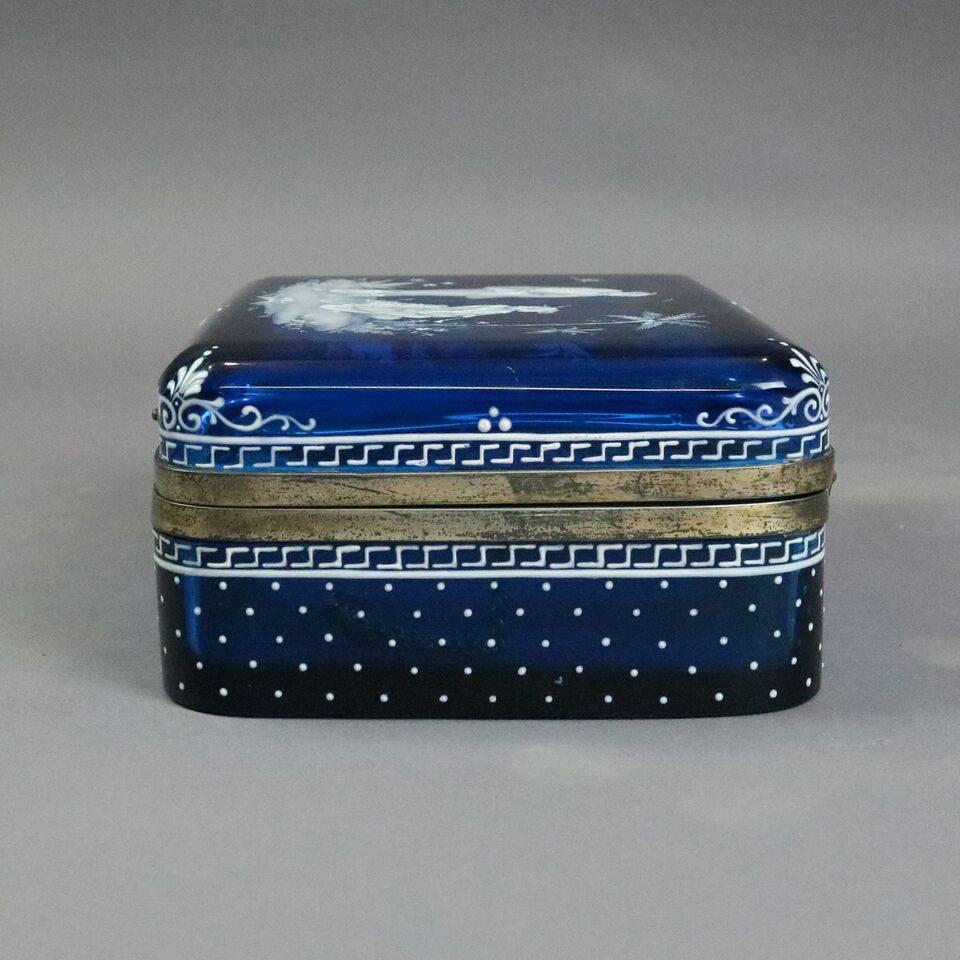 Antique Japanesque Aesthetic Enameled Blue Glass Bronze Handkerchief Box, c1870 3
