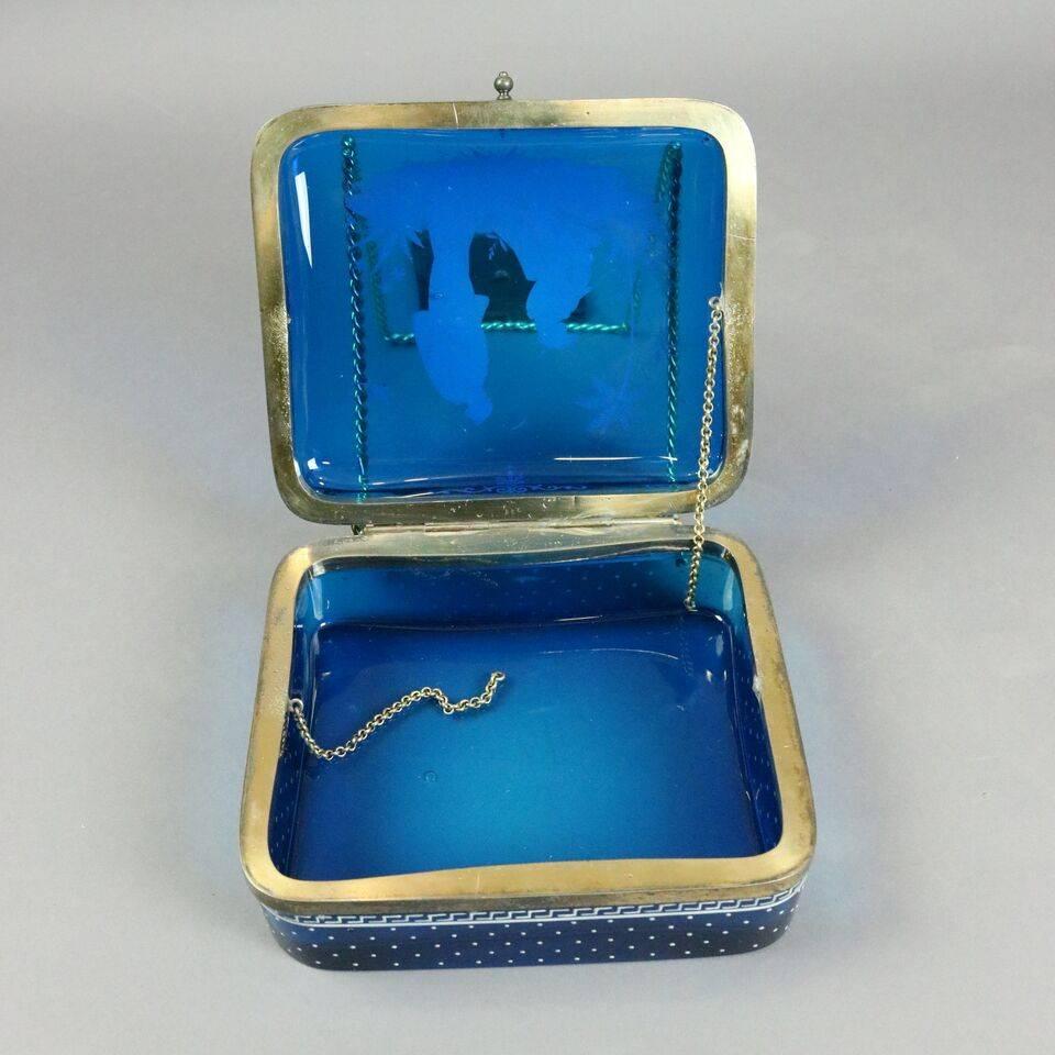 19th Century Antique Japanesque Aesthetic Enameled Blue Glass Bronze Handkerchief Box, c1870