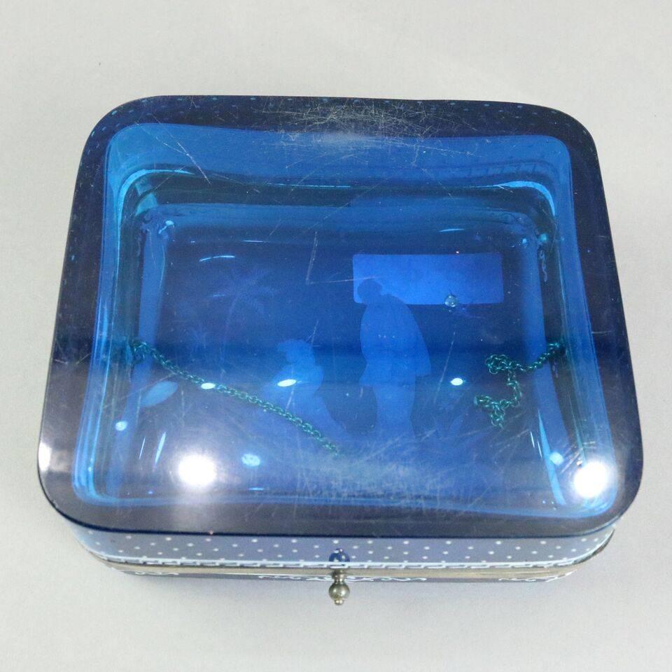 Antique Japanesque Aesthetic Enameled Blue Glass Bronze Handkerchief Box, c1870 5