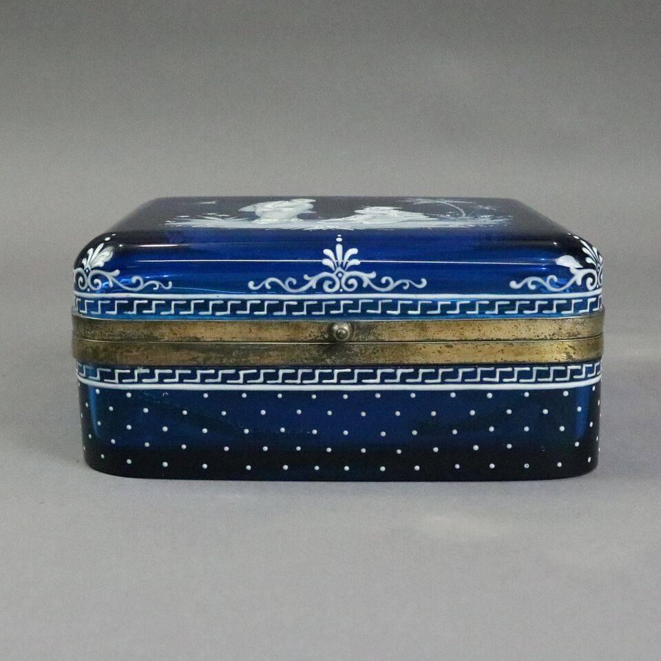 Antique Japanesque Aesthetic Enameled Blue Glass Bronze Handkerchief Box, c1870 4