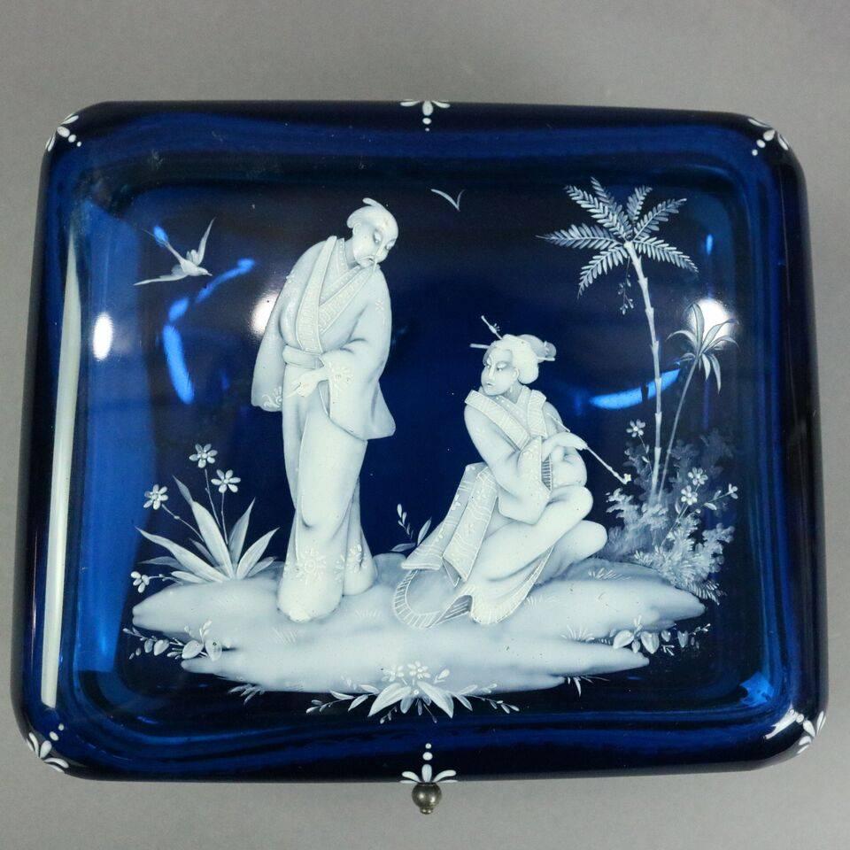 Striking antique cobalt blue Bohemian Moser style glass handkerchief box features white enamel paint decoration of Japnaesque Aesthetic design with bronze hardware. Glass quality reminiscent of Baccarat or Moser quality, circa 1870.

Measure: