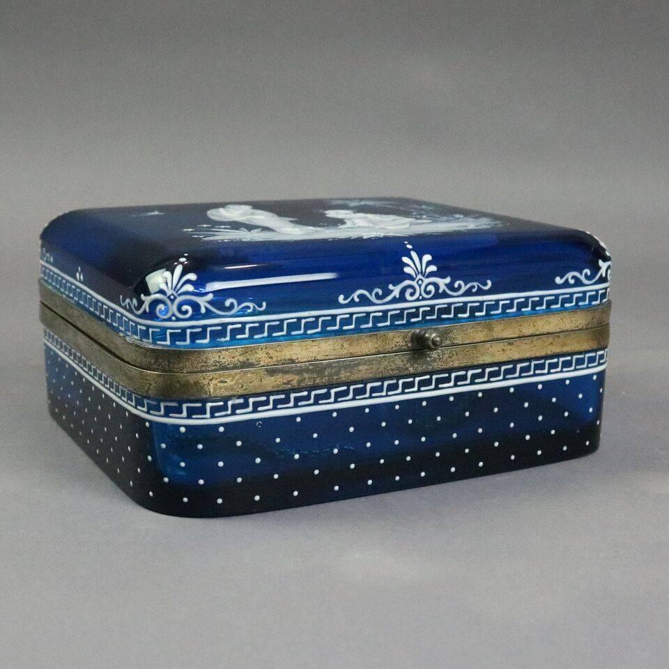 Antique Japanesque Aesthetic Enameled Blue Glass Bronze Handkerchief Box, c1870 In Good Condition In Big Flats, NY