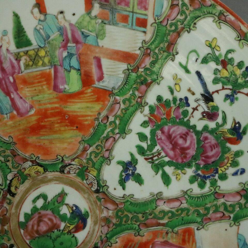 Antique Chinese Hand-Painted Rose Medallion Porcelain Charger, Late 19th C In Good Condition In Big Flats, NY