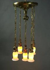 Antique Arts & Crafts Brass 5-Light Hanging Light, Quezel Shades, Signed, c1910
