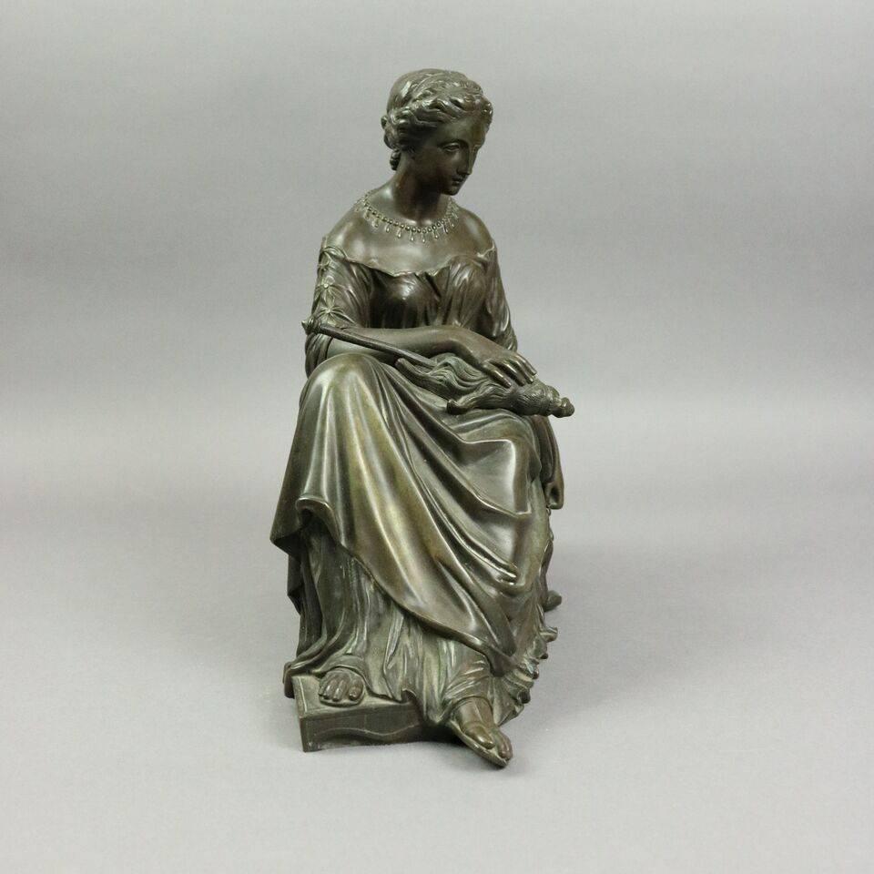 Cast Antique Classical French Bronze Sculpture of Maiden Inscribed Defeville