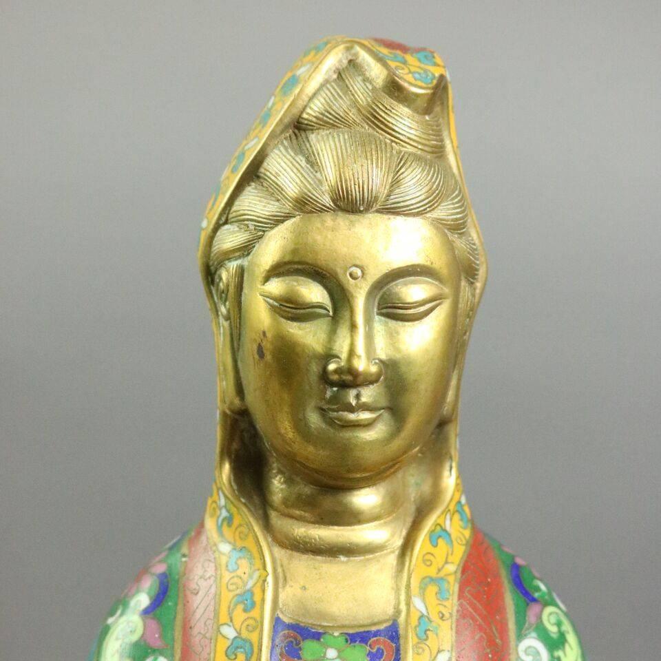 Antique China Buddhism pure bronze Cloisonne Kwan-yin Quanyin Buddha Statue standing atop scroll and foliate decorated base, early 20th century.

Measures - 16.75" H x 4.5" W x 4.75" D

Goddess of the Compassion and Mercy
For