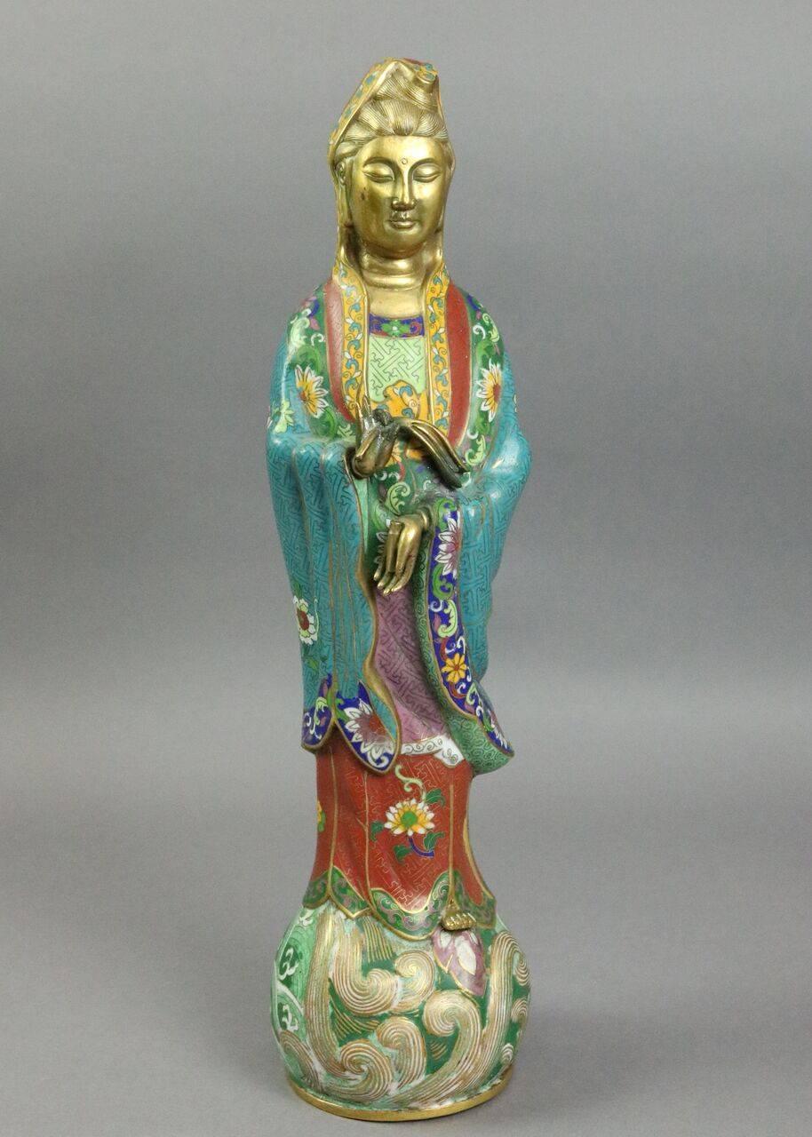 Antique Chinese Bronze Cloisonne Buddha Quan Yin Statue, Early 20th C 3