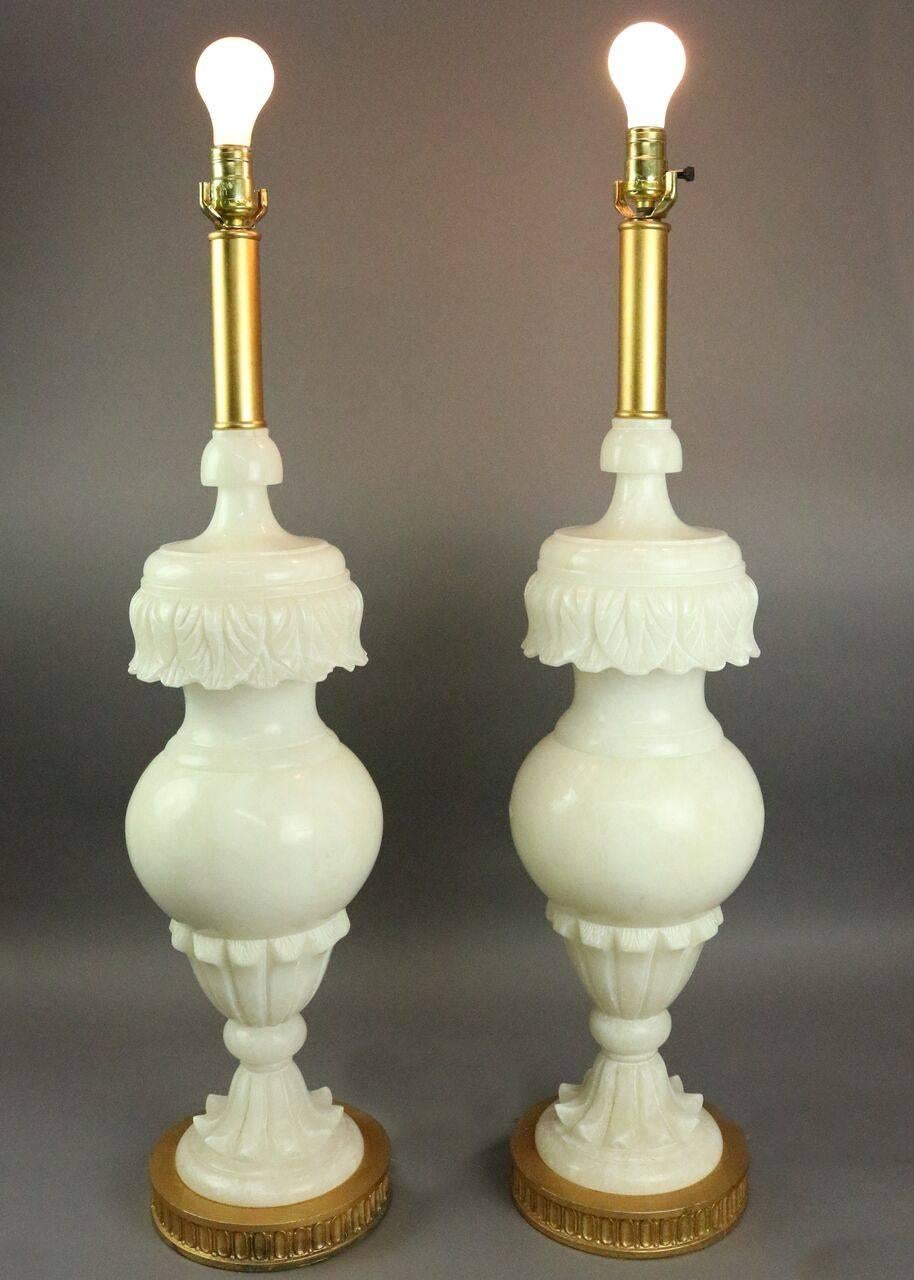 20th Century Pair Italian Carved Alabaster Lamps w/Acanthus Leaf Decor on Bronze Bases, 20th 