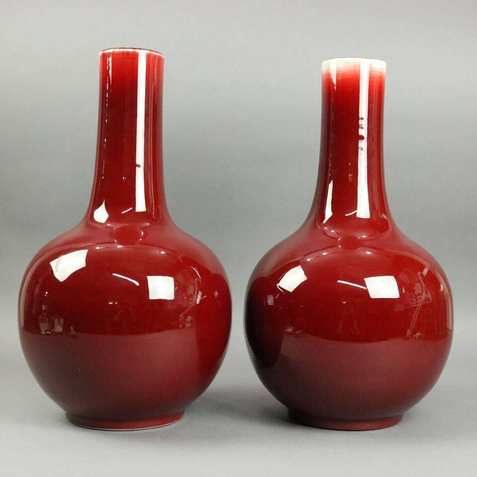 Antique Pr Chinese Oxblood Flambe Pottery Qianlong Tianqiuping Vases Late 19th C In Good Condition In Big Flats, NY