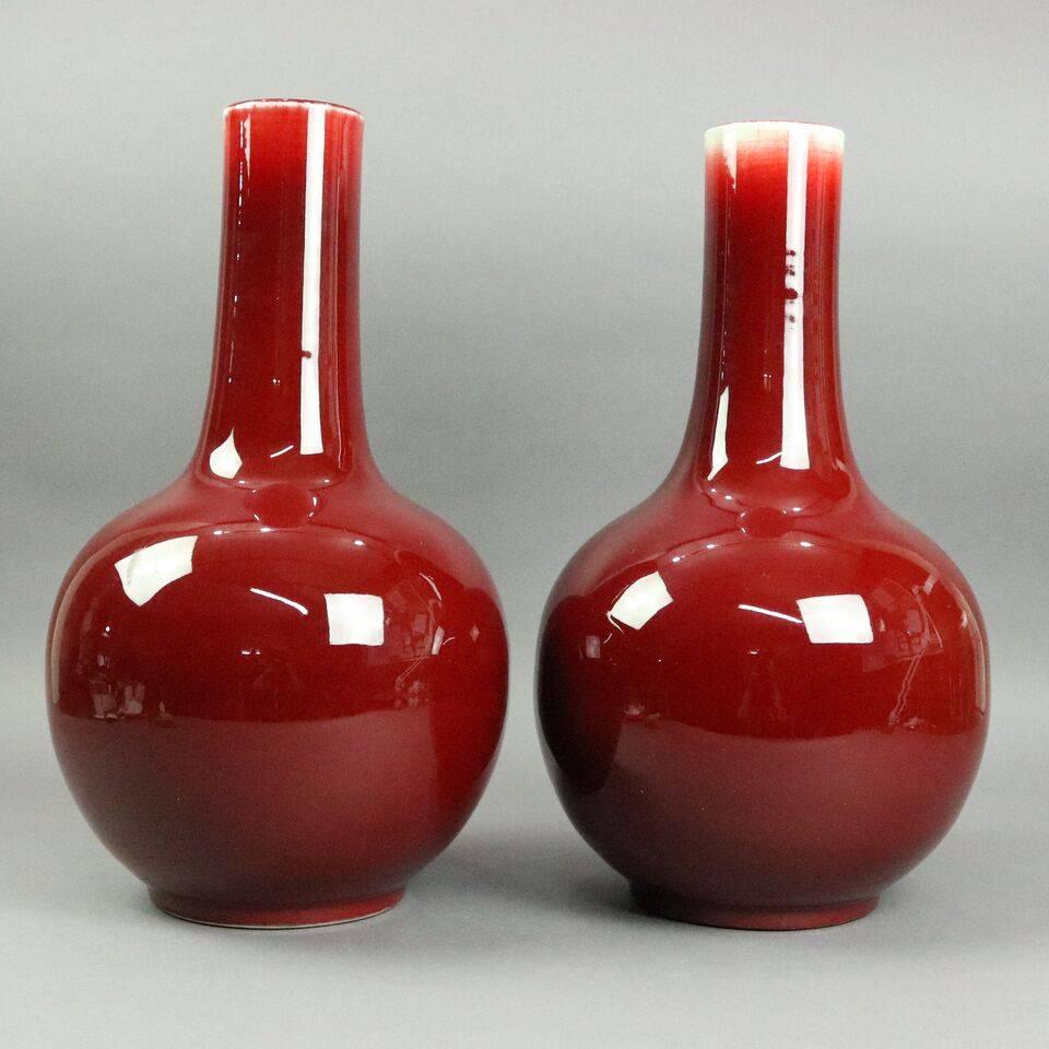 19th Century Antique Pr Chinese Oxblood Flambe Pottery Qianlong Tianqiuping Vases Late 19th C