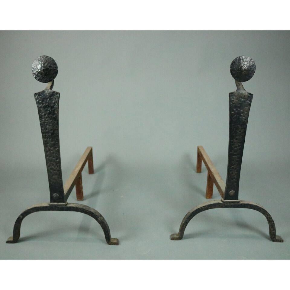 American Antique Arts & Crafts Yellin School Hammered Hand-Wrought Iron Andirons