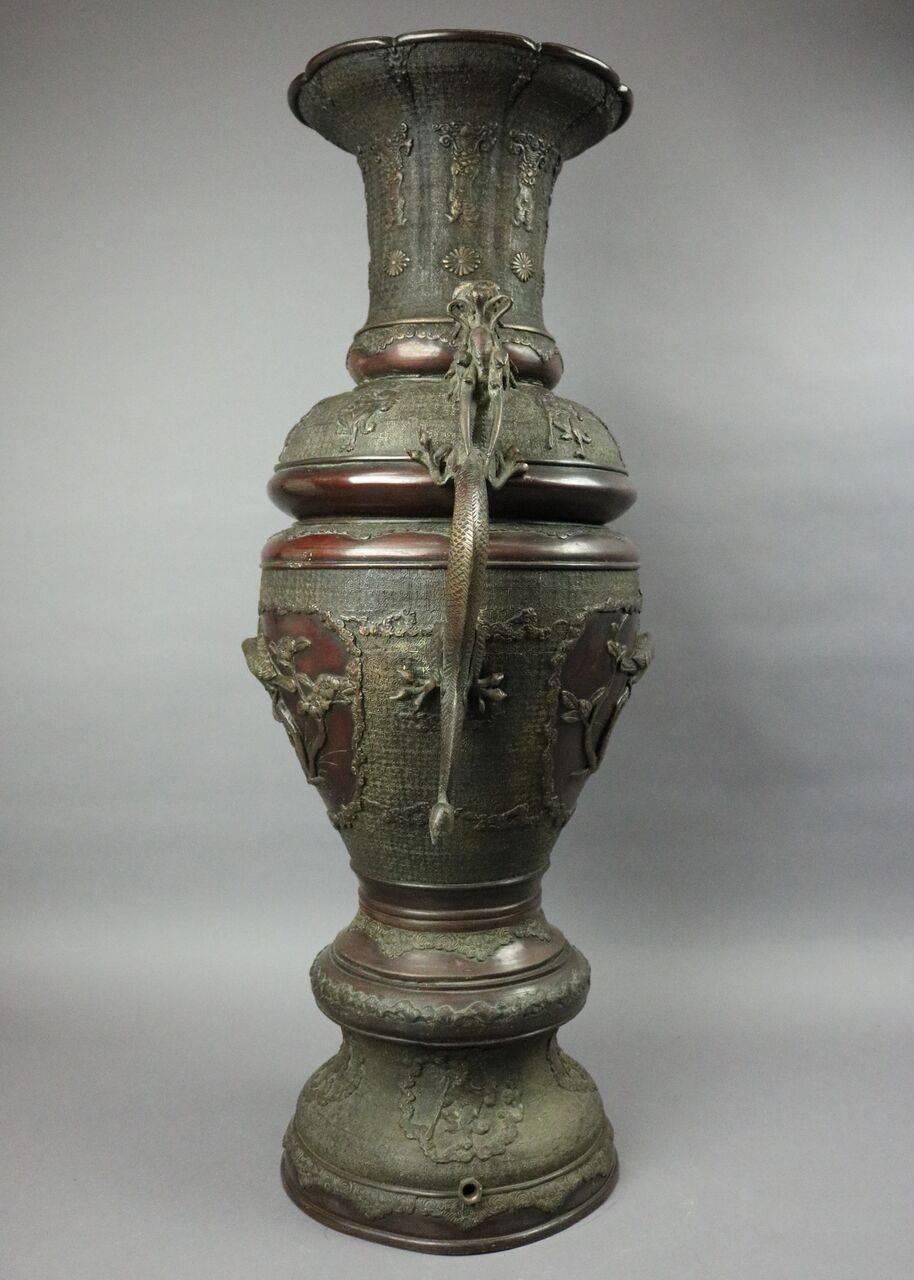 19th Century Antique Japanese Meiji Figural Bronze Floor Urn with Dragons, Birds and Floral