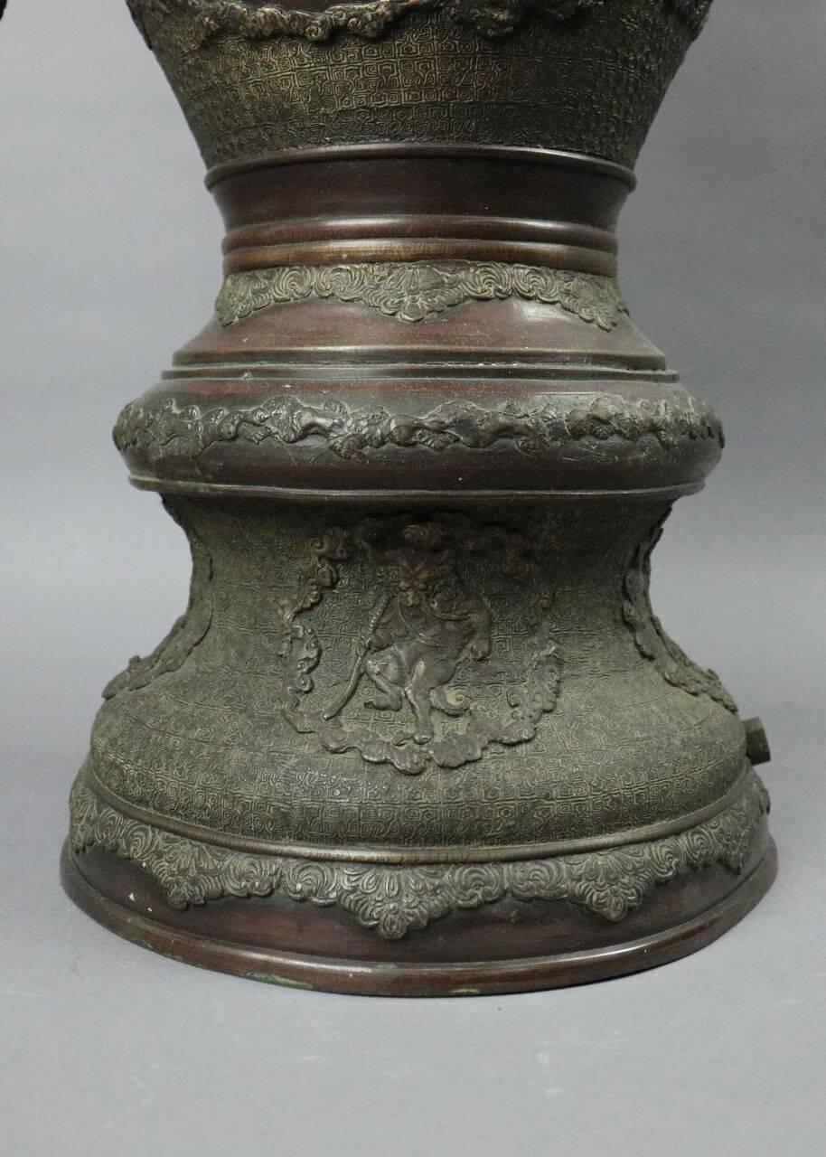 Antique Japanese Meiji Figural Bronze Floor Urn with Dragons, Birds and Floral 5